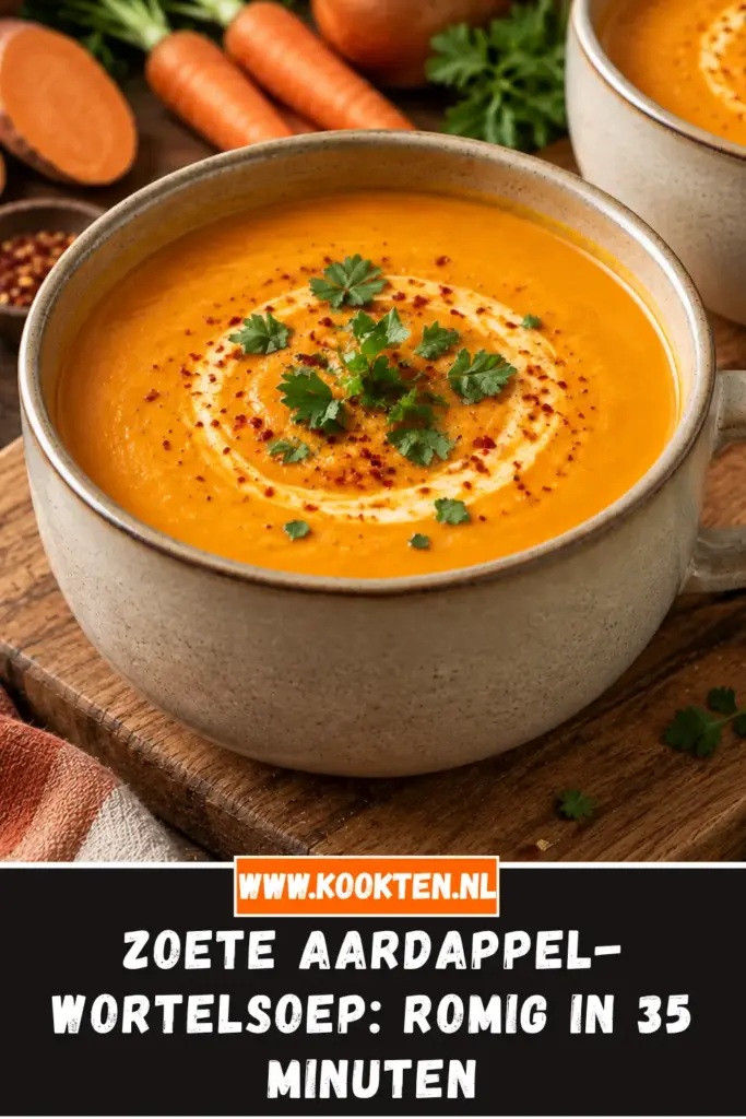 zoete aardappel-wortelsoep van dichtbij op het bord