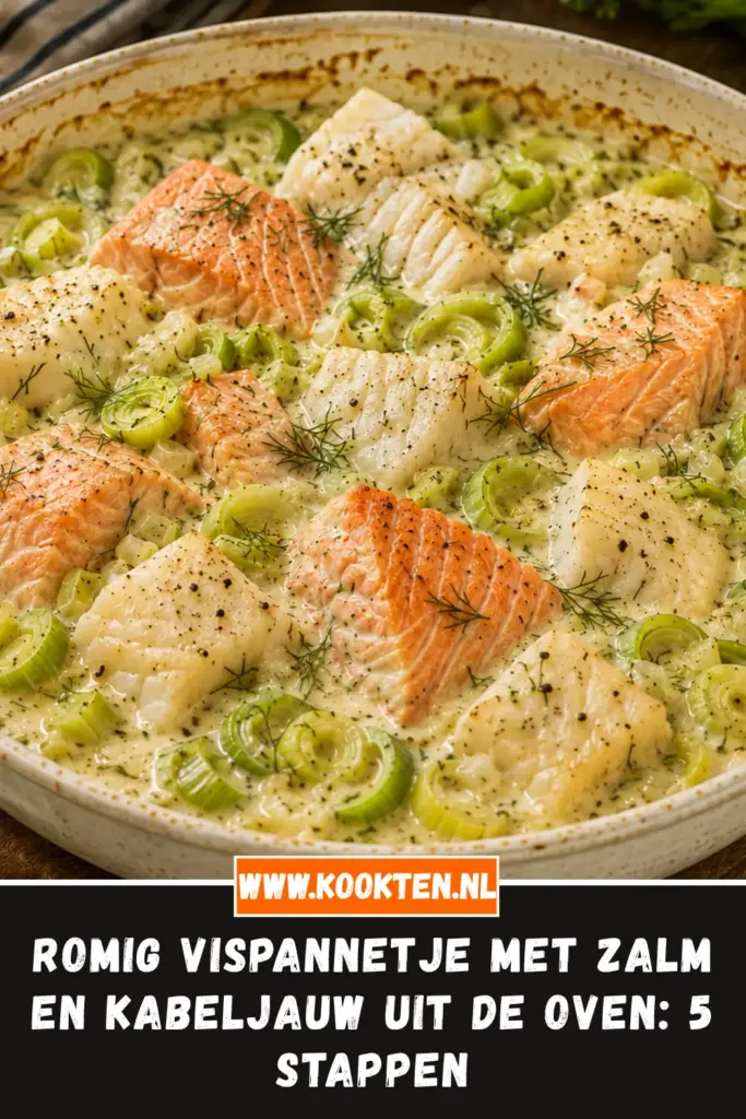 ROMIG VISPANNETJE MET ZALM EN KABELJAUW UIT DE OVEN van dichtbij op het bord