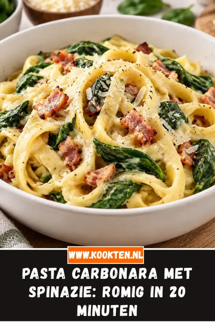 pasta carbonara met spinazie van dichtbij op het bord