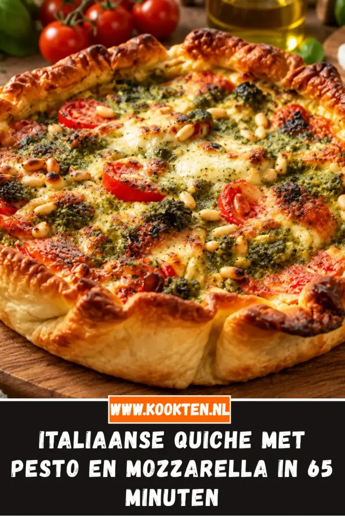 Italiaanse quiche met pesto en mozzarella van dichtbij op het bord
