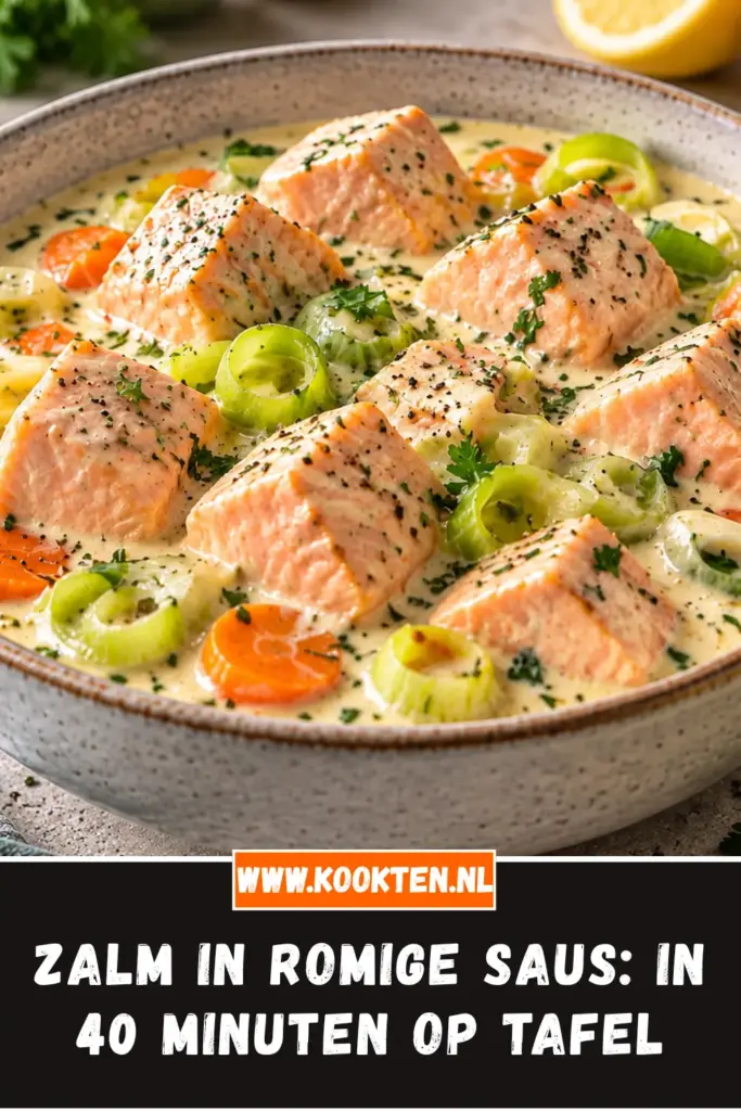 zalm in romige saus van dichtbij op het bord
