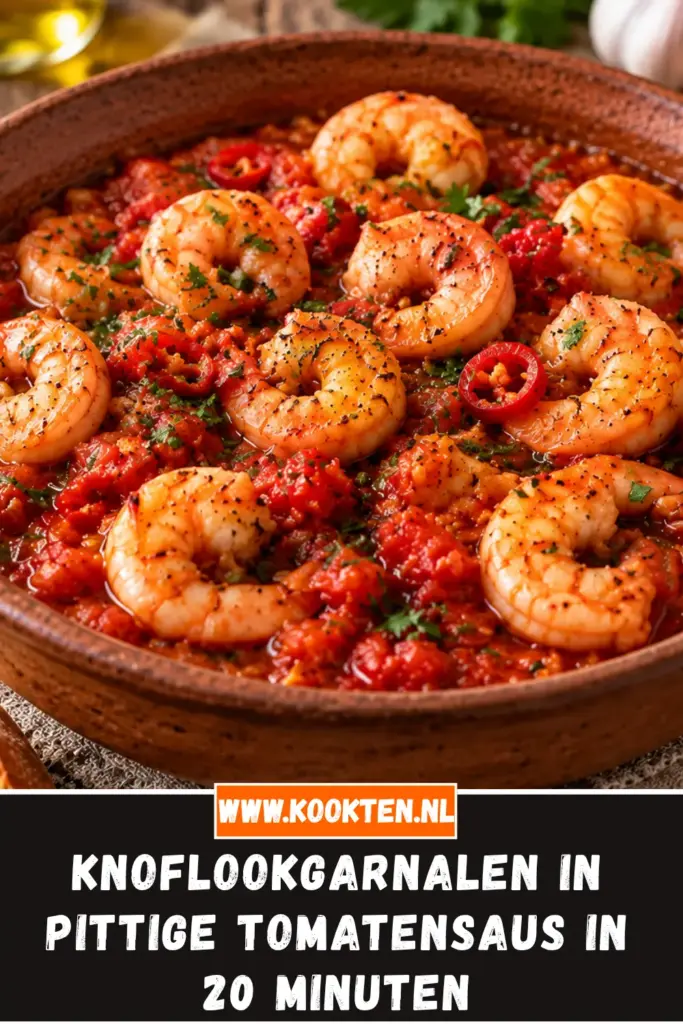knoflookgarnalen in pittige tomatensaus van dichtbij op het bord