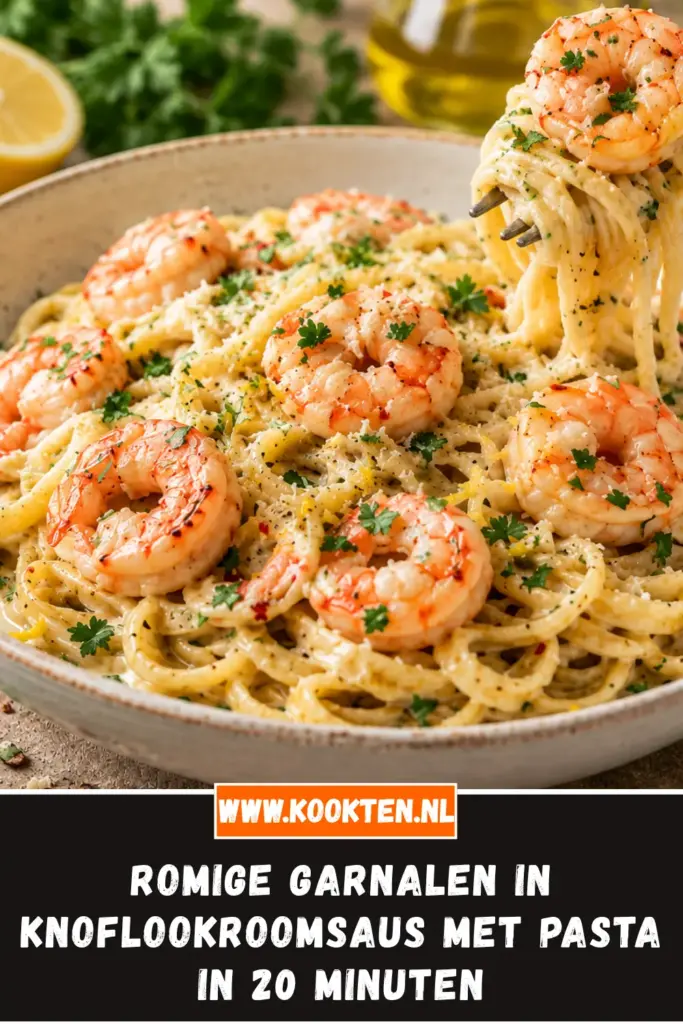 romige garnalen in knoflookroomsaus met pasta van dichtbij op het bord