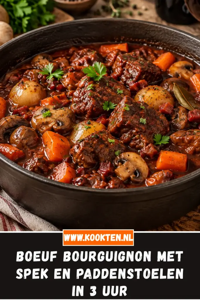 boeuf bourguignon met spek en paddenstoelen van dichtbij op het bord