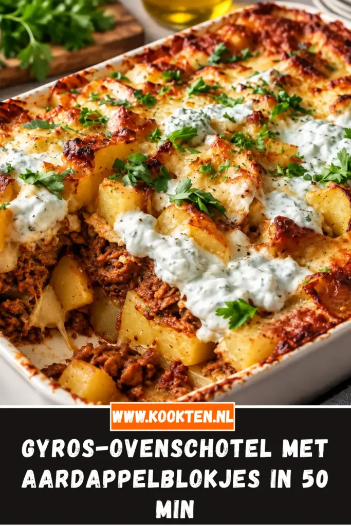 gyros-ovenschotel met aardappelblokjes en tzatzikisaus van dichtbij op het bord