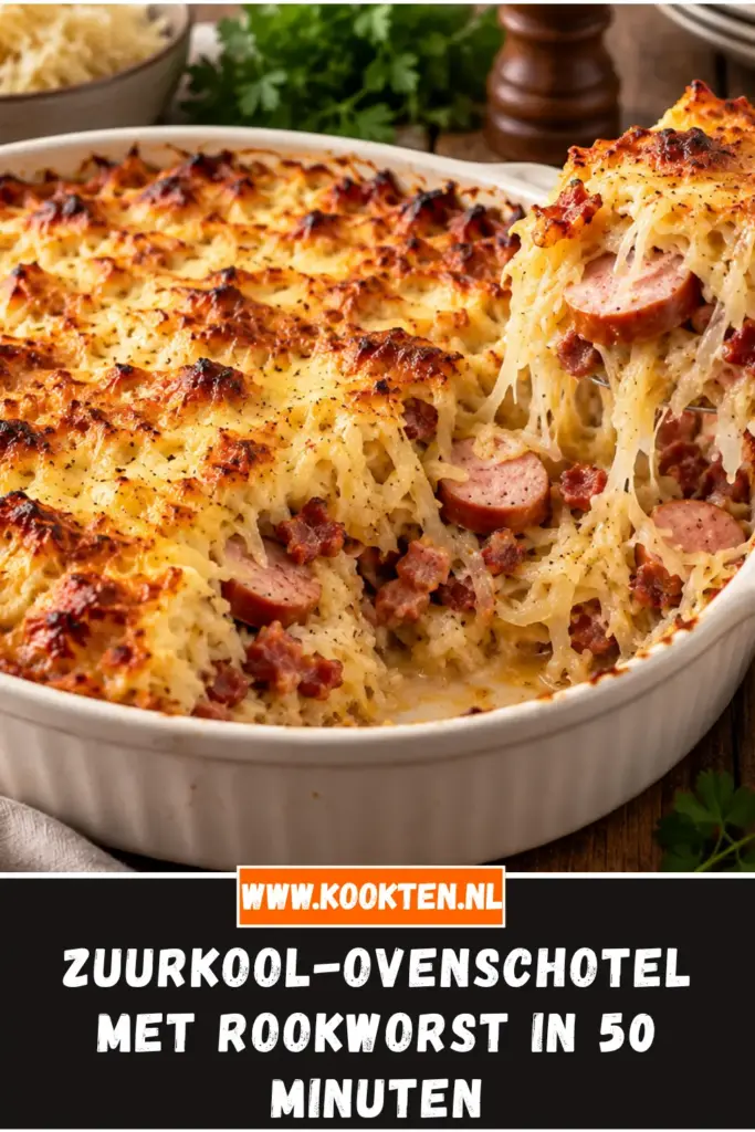 zuurkool-ovenschotel met rookworst van dichtbij op het bord