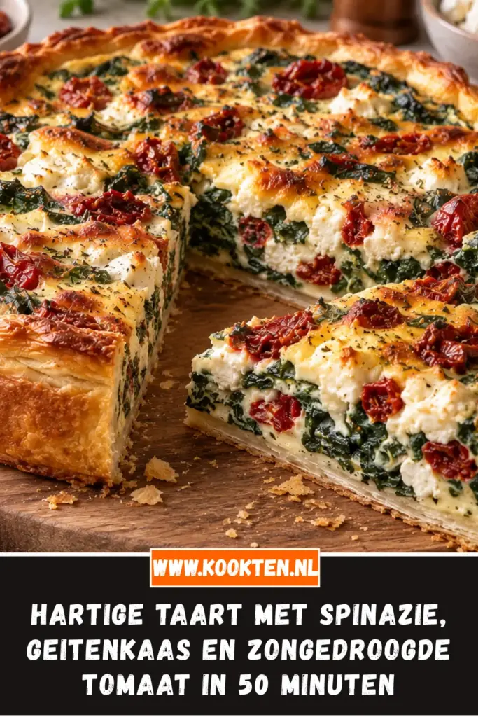 Hartige Taart met Spinazie, Geitenkaas en Zongedroogde Tomaat van dichtbij op het bord