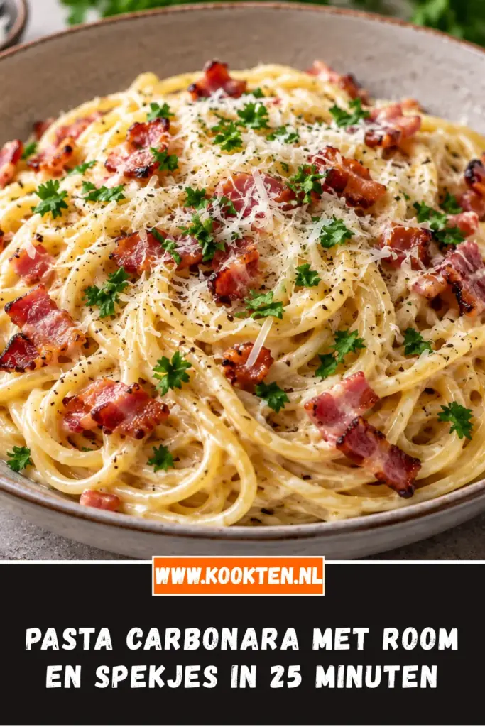 Pasta Carbonara met Room en Spekjes van dichtbij op het bord