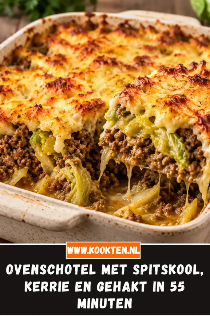 ovenschotel met spitskool, kerrie en gehakt van dichtbij op het bord