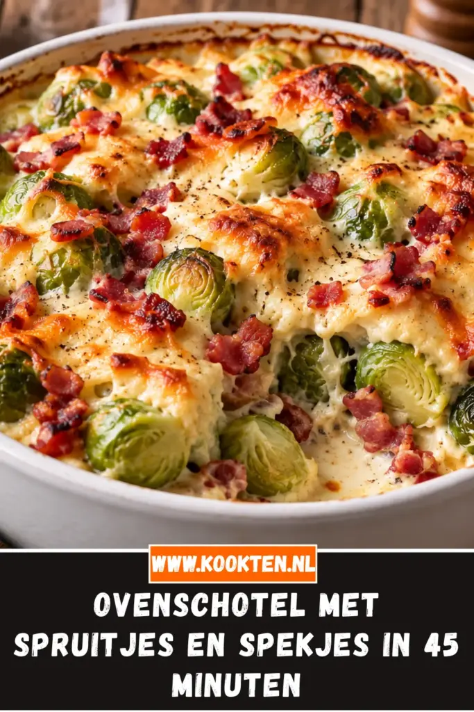 ovenschotel met spruitjes en spekjes van dichtbij op het bord