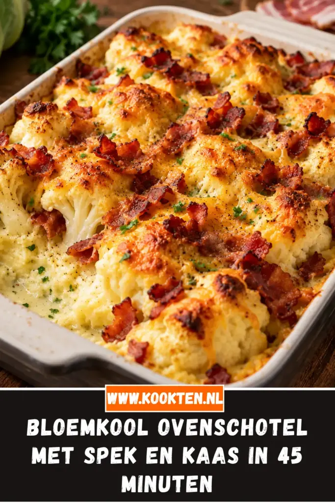bloemkool ovenschotel met spek en kaas van dichtbij op het bord