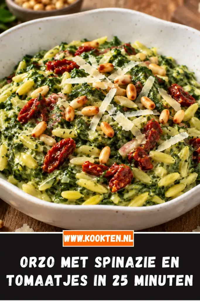 orzo met spinazie en tomaatjes van dichtbij op het bord