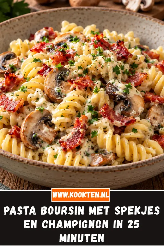 Pasta Boursin met spekjes en champignon van dichtbij op het bord