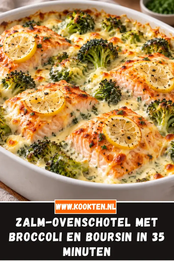 zalm-ovenschotel met broccoli en Boursin-roomsaus van dichtbij op het bord