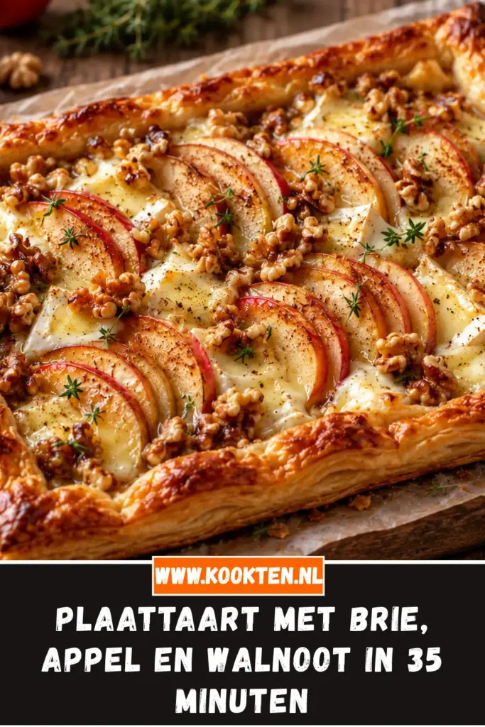Plaattaart met Brie, Appel en Walnoot van dichtbij op het bord