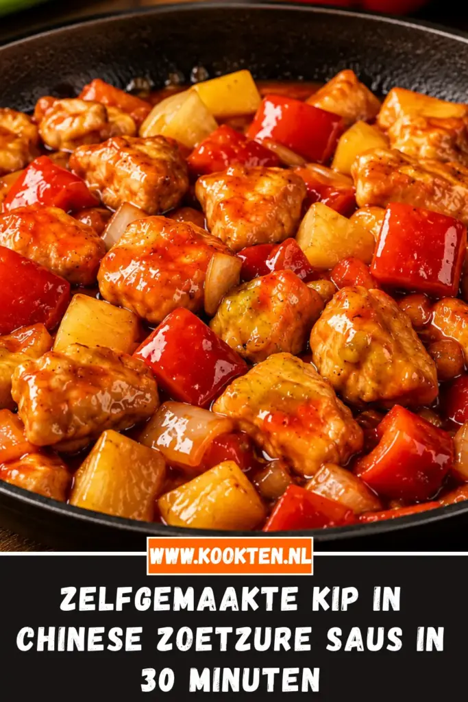 ZELFGEMAAKTE KIP IN CHINESE ZOETZURE SAUS van dichtbij op het bord
