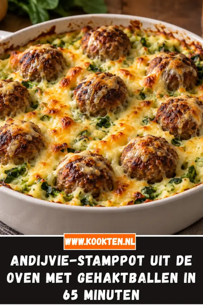Andijvie-stamppot uit de oven met gehaktballen van dichtbij op het bord