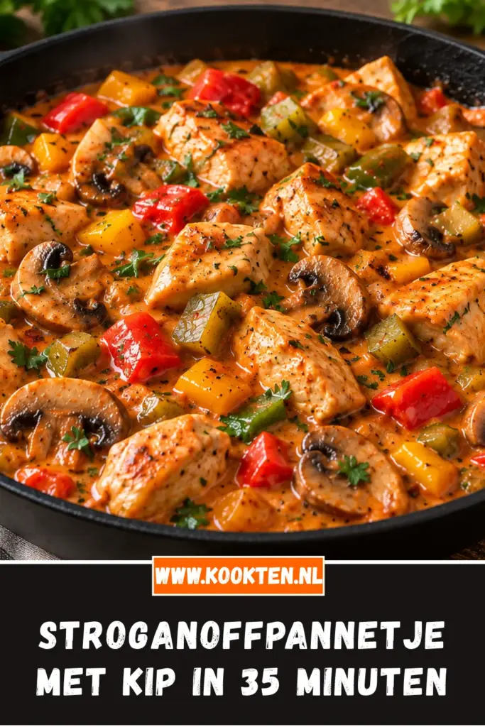 stroganoffpannetje met kip van dichtbij op het bord