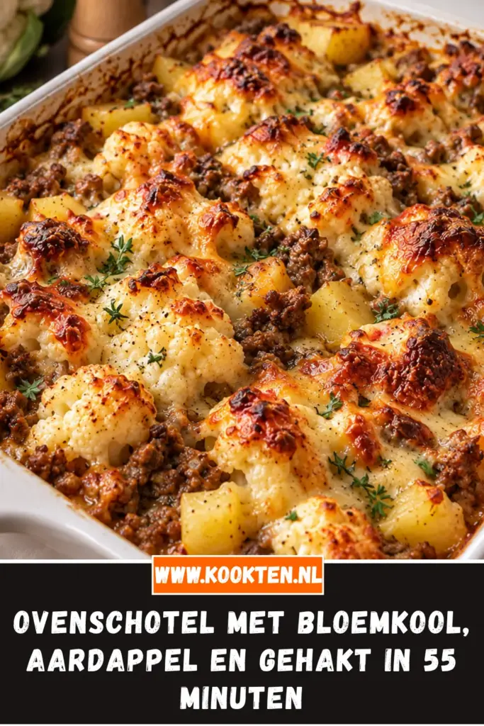ovenschotel met bloemkool, aardappel en gehakt van dichtbij op het bord