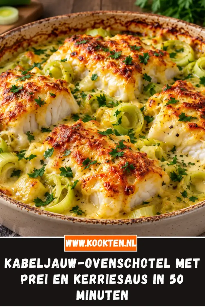 kabeljauw-ovenschotel met prei en kerriesaus van dichtbij op het bord
