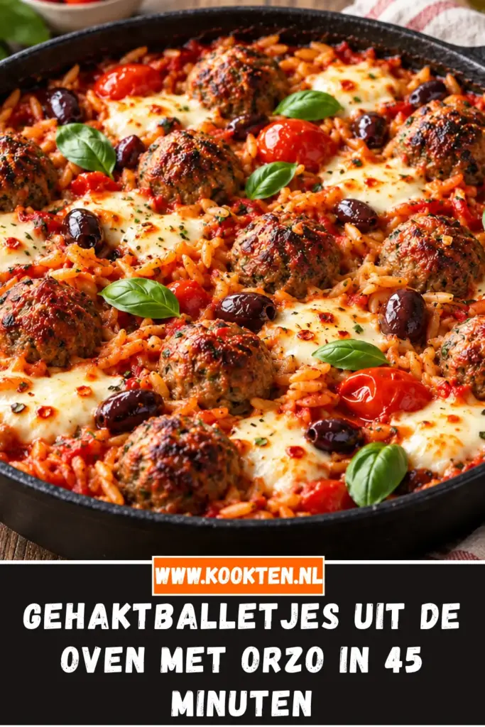 gehaktballetjes uit de oven met orzo van dichtbij op het bord
