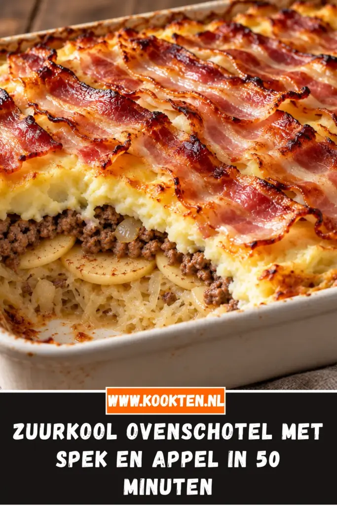 Zuurkool ovenschotel met spek en appel van dichtbij op het bord