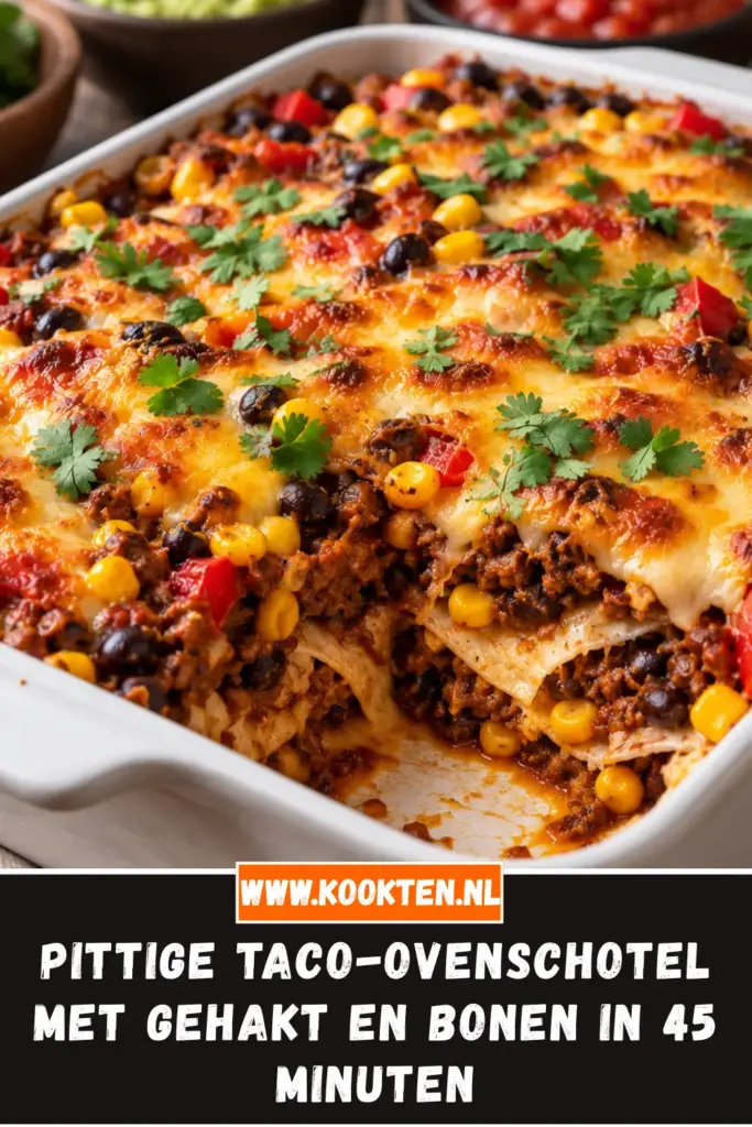 pittige taco-ovenschotel met gehakt en bonen van dichtbij op het bord