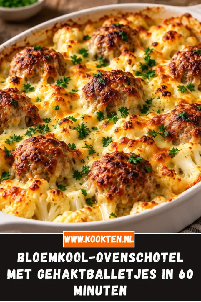 bloemkool-ovenschotel met gehaktballetjes van dichtbij op het bord