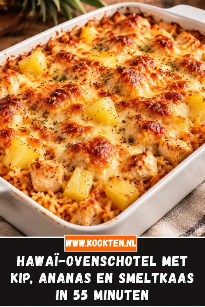 Hawaï-ovenschotel met kip, ananas en smeltkaas van dichtbij op het bord