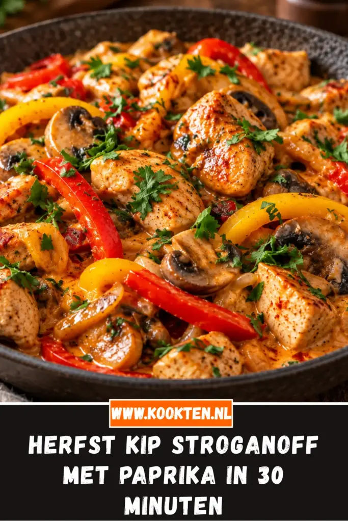 herfst kip stroganoff met paprika van dichtbij op het bord
