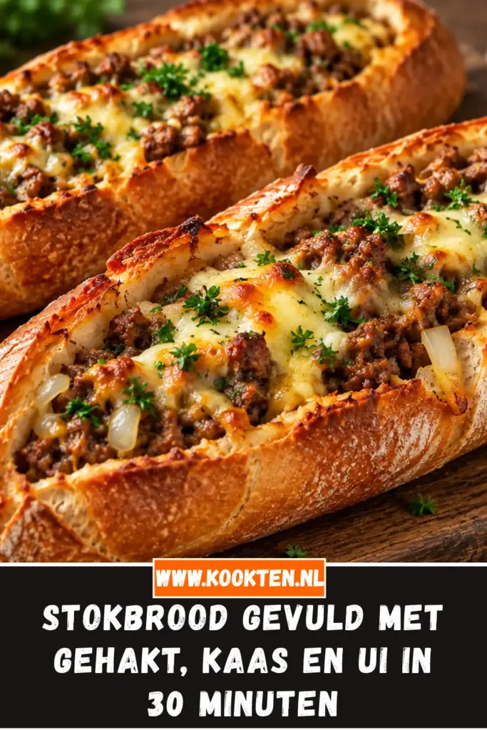 stokbrood gevuld met gehakt, kaas en ui van dichtbij op het bord