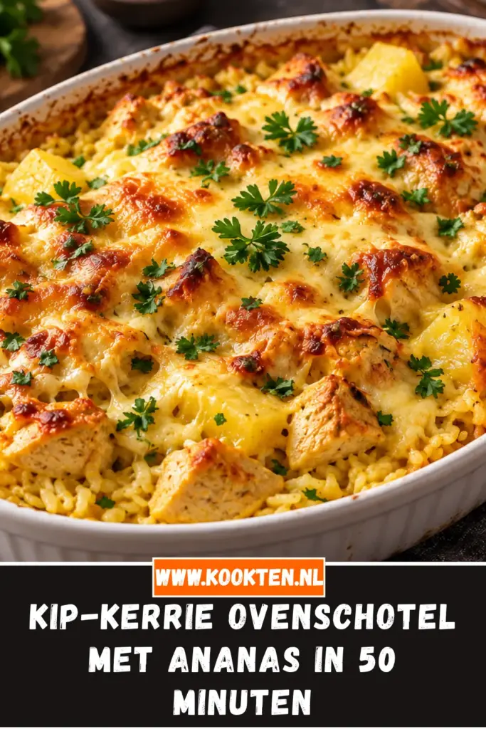 kip-kerrie ovenschotel met ananas van dichtbij op het bord
