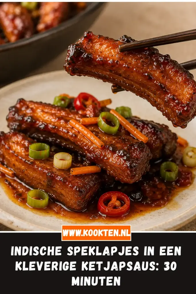 Indische speklapjes in een kleverige ketjapsaus met rijst en komkommer
