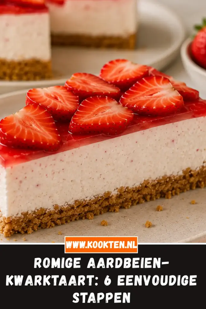 ROMIGE AARDBEIEN-KWARKTAART van dichtbij op het bord