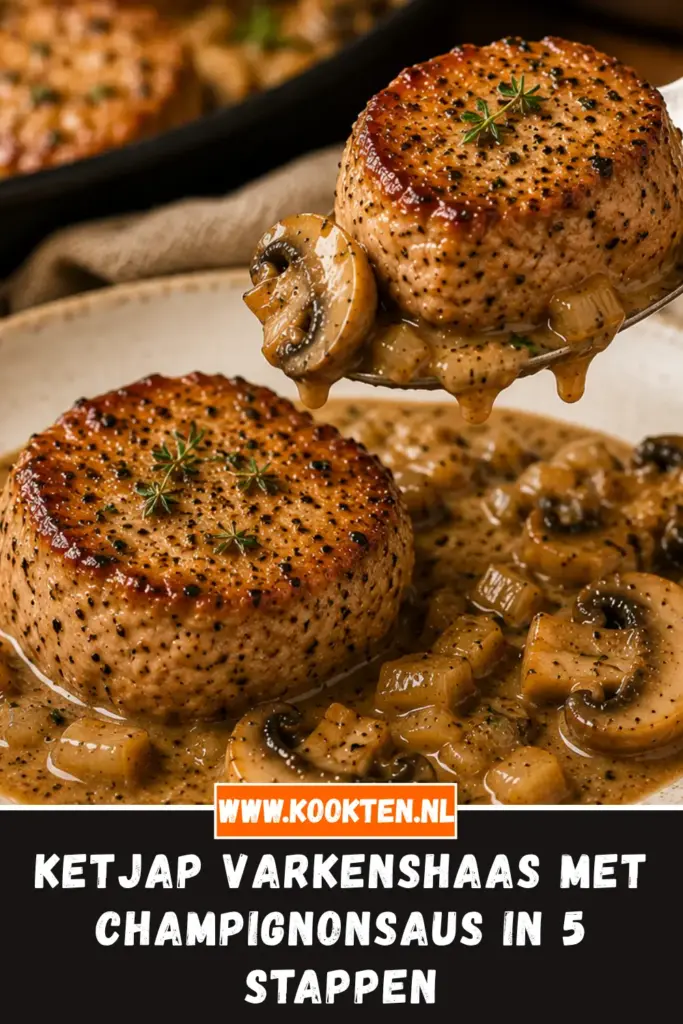 KETJAP VARKENSHAAS MET CHAMPIGNONSAUS van dichtbij op het bord