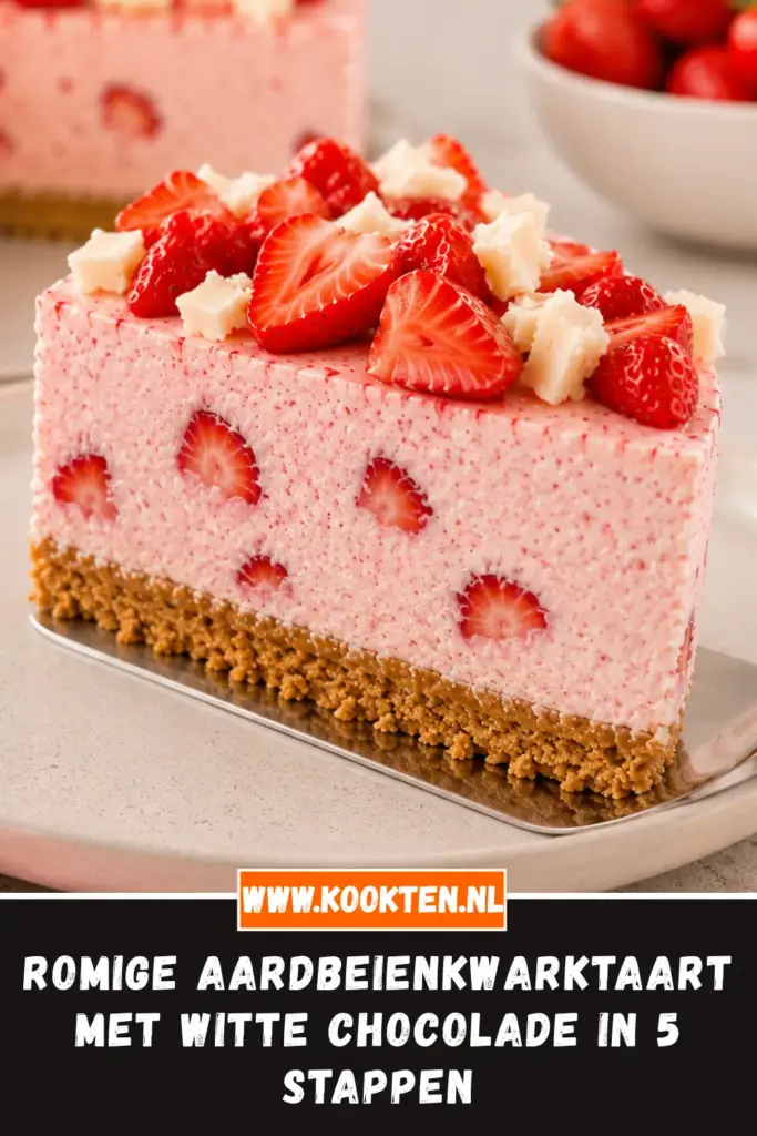 ROMIGE AARDBEIENKWARKTAART MET WITTE CHOCOLADE van dichtbij op het bord