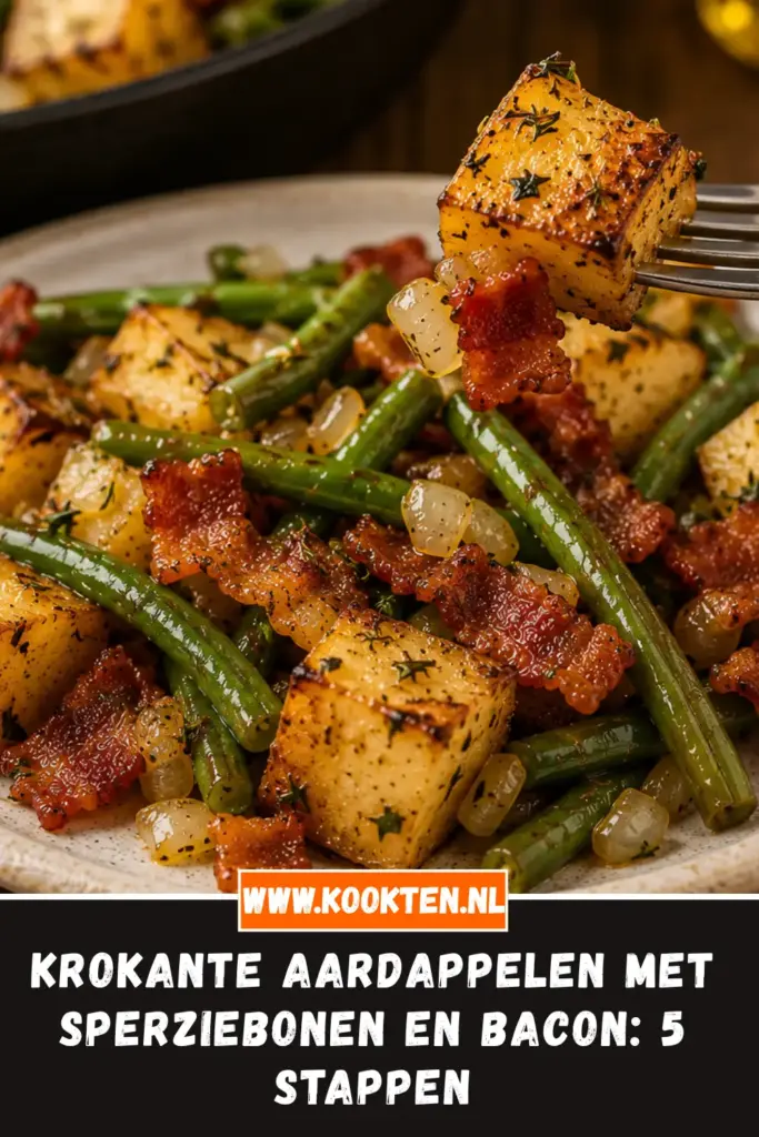 KROKANTE AARDAPPELEN MET SPERZIEBONEN EN BACON van dichtbij op het bord