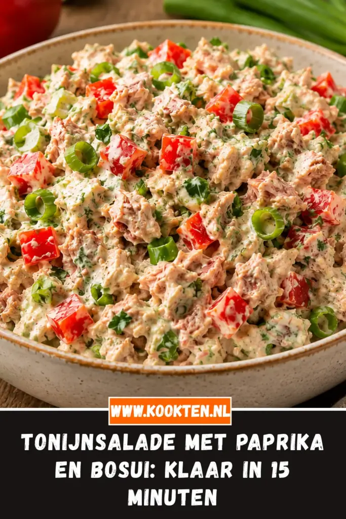 Tonijnsalade met paprika en bosui in een kom