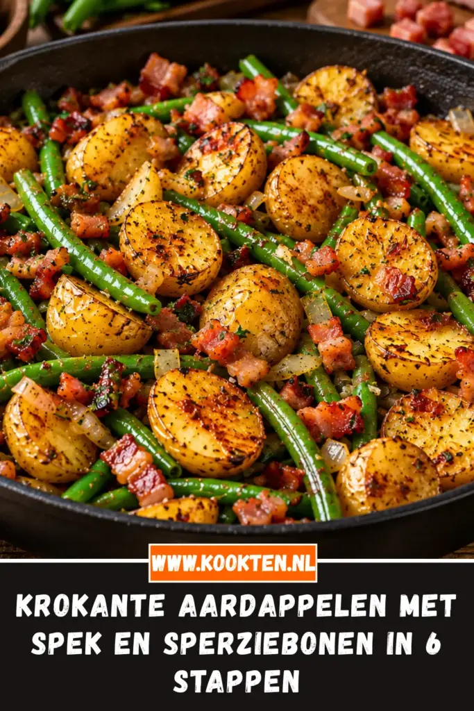KROKANTE AARDAPPELEN MET SPEK EN SPERZIEBONEN van dichtbij op het bord