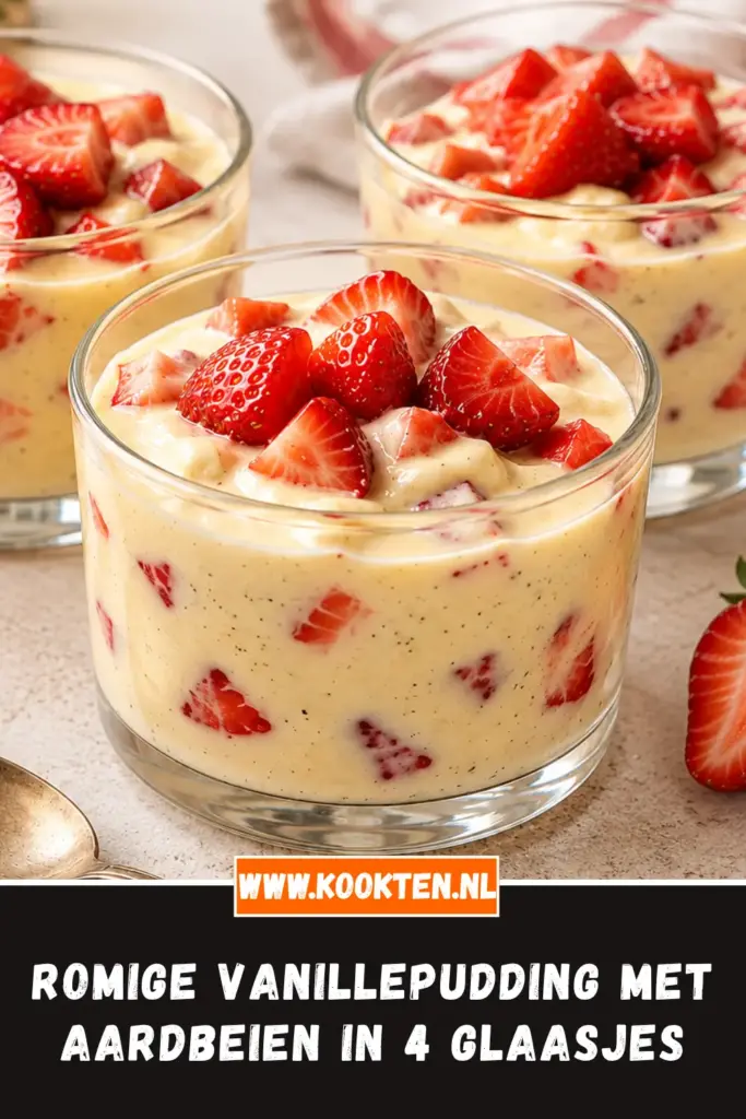 ROMIGE VANILLEPUDDING MET AARDBEIEN van dichtbij op het bord