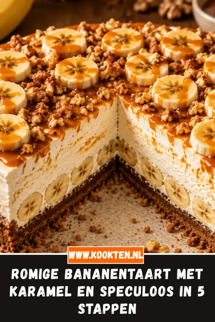 ROMIGE BANANENTAART MET KARAMEL EN SPECULOOS van dichtbij op het bord