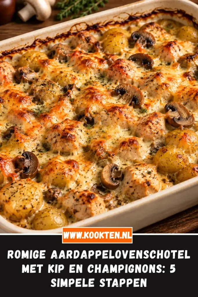 ROMIGE AARDAPPELOVENSCHOTEL MET KIP EN CHAMPIGNONS van dichtbij op het bord