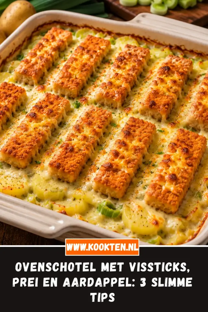 OVENSCHOTEL MET VISSTICKS, PREI EN AARDAPPEL in een ovenschaal