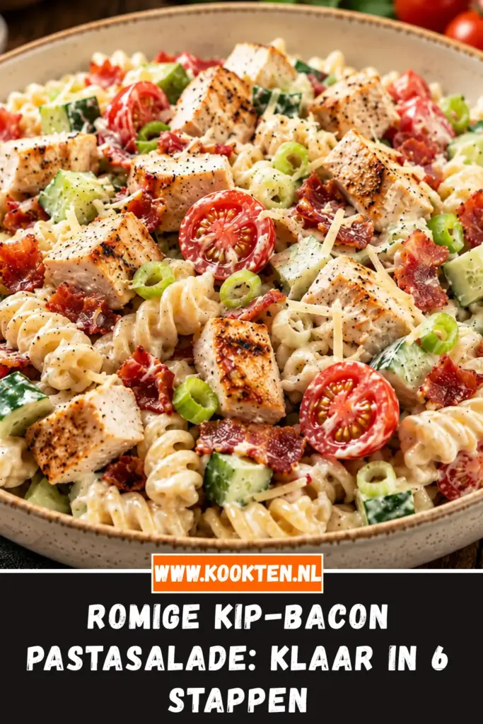 ROMIGE KIP-BACON PASTASALADE van dichtbij op het bord