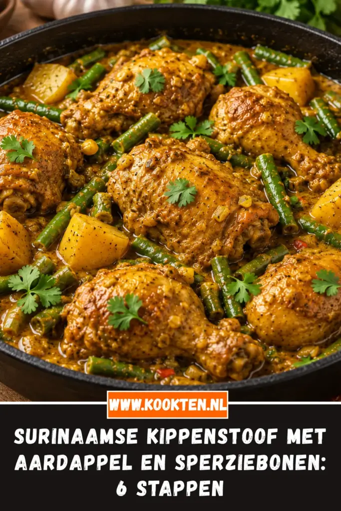 SURINAAMSE KIPPENSTOOF MET AARDAPPEL EN SPERZIEBONEN van dichtbij op het bord
