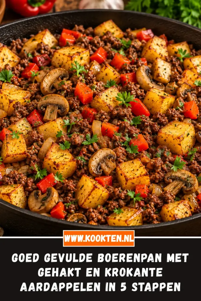 GOED GEVULDE BOERENPAN MET GEHAKT EN KROKANTE AARDAPPELEN van dichtbij op het bord