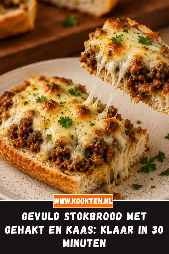 GEVULD STOKBROOD MET GEHAKT EN KAAS op een houten plank