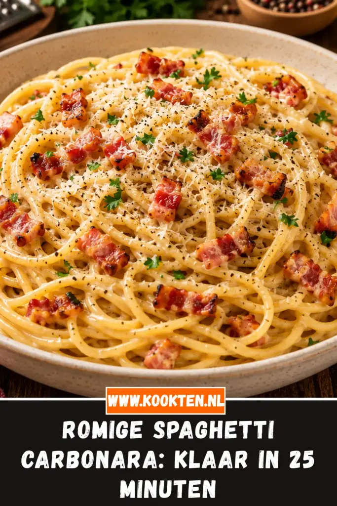 ROMIGE SPAGHETTI CARBONARA van dichtbij op het bord