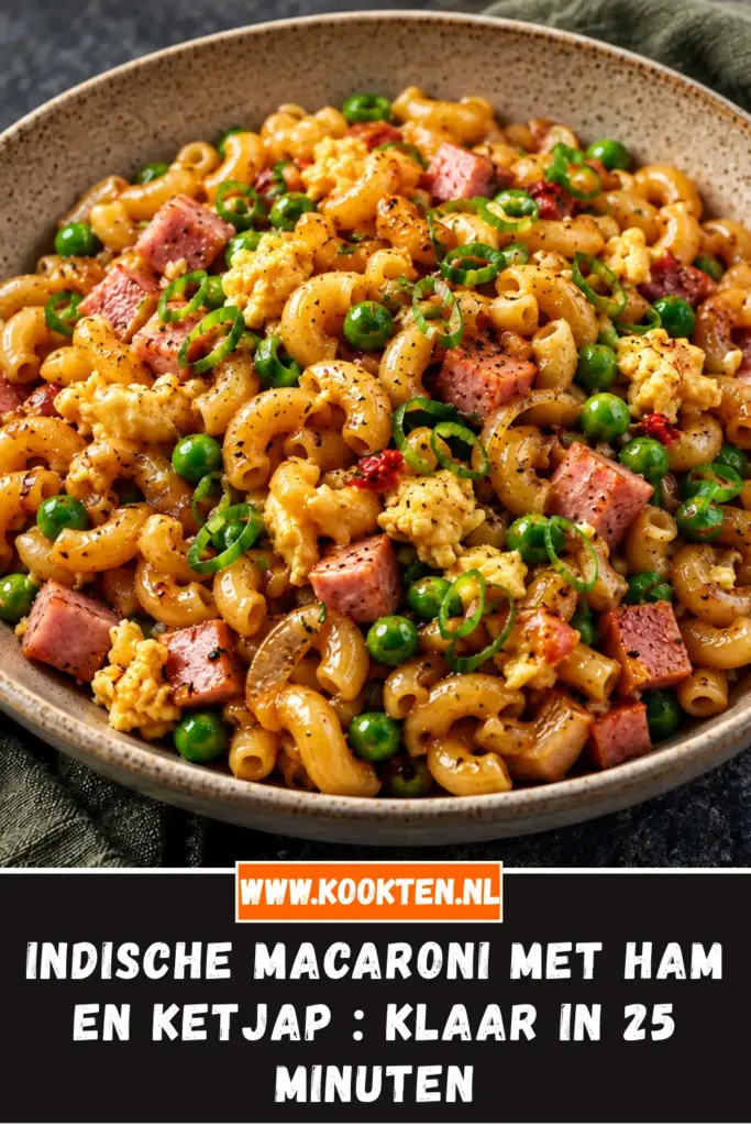 Indische macaroni met ham en ketjap π met doperwten, ei en lente-ui