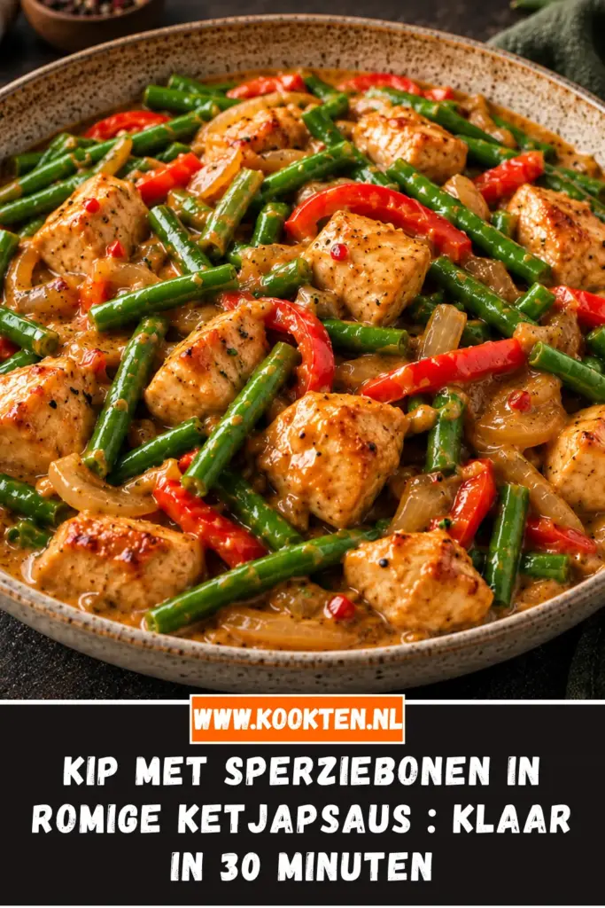 Kip met sperziebonen in romige ketjapsaus 🥘 van dichtbij op het bord